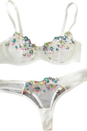 Women's 2 Piece Mesh Sheer Underwire Lingerie Set Floral Embroidered Push Up Bra and Panty Set