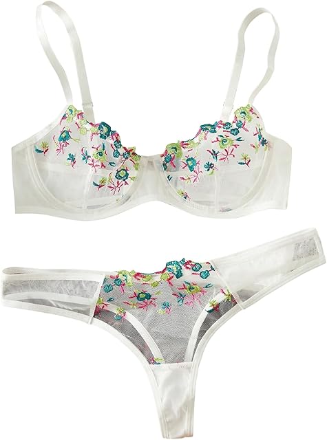 Women's 2 Piece Mesh Sheer Underwire Lingerie Set Floral Embroidered Push Up Bra and Panty Set