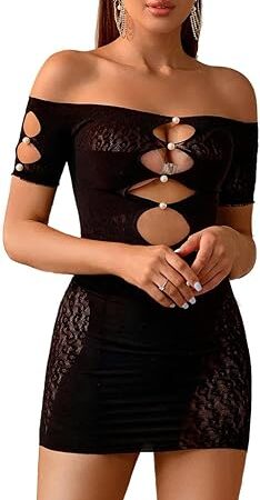 Women's Cut-Out Bodycon Fishnet Bodysuit Mini Dress Club Wear Party Dress Out Fits Lace Tights With Pearls