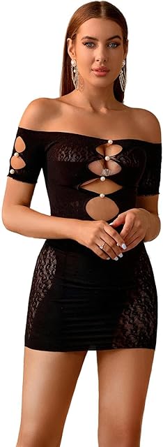 Women's Cut-Out Bodycon Fishnet Bodysuit Mini Dress Club Wear Party Dress Out Fits Lace Tights With Pearls