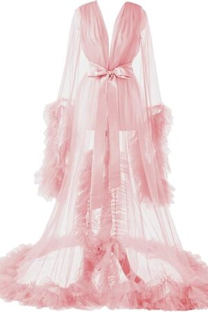 Women's Long Bridal Robes Tulle Lingerie Maternity Bathrobe Photoshoot Illusion Wedding Scarf Party Nightgown