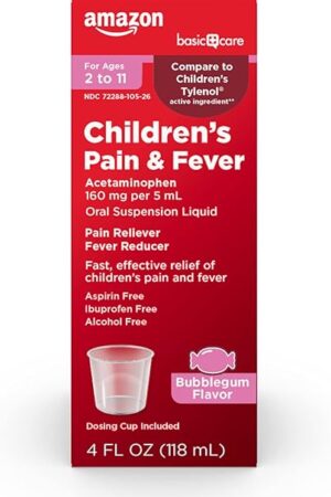 Amazon Basic Care Children's Pain Reliever Oral Suspension Liquid, Bubblegum Flavor, Acetaminophen 160 mg per 5 ml, Effective, Fever Reducer for Age 2-11 Years, Red, 4 fl oz (Pack of 1)