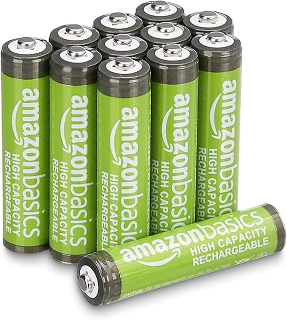 Amazon Basics Rechargeable AAA Batteries, 12-Pack, 850 mAh, NiMH High-Capacity Batteries, Recharge up to 500x Times, Pre-Charged