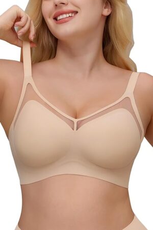 Womens Everyday Comfort Bra Full Coverage Wireless Bralettes Sexy Breathable V-Neck Mesh Soft Support Brassiere Beige 38D