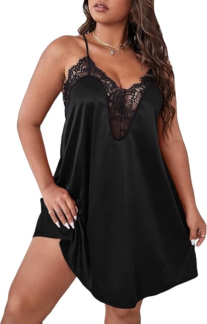 Women's Plus Size Satin Nightgown Lace Trim Backless V Neck Sexy Chemise