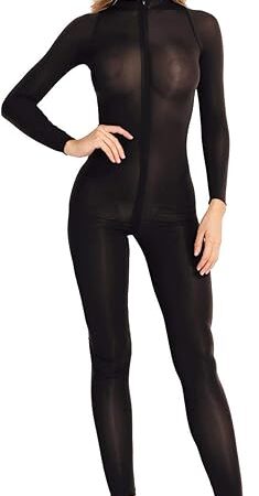 Women's Long Sleeve Sexy Sheer Jumpsuit Double Zipper Crotch Teddy Leotard Bodysuit