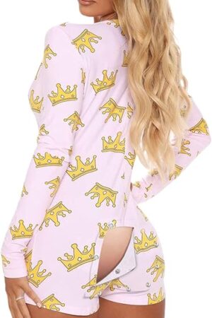 Women's Deep V-Neck Short Butt Flap Pajamas Onesie Sexy Back Door Onesies Long Sleeve Bodysuit Bodycon Rompers