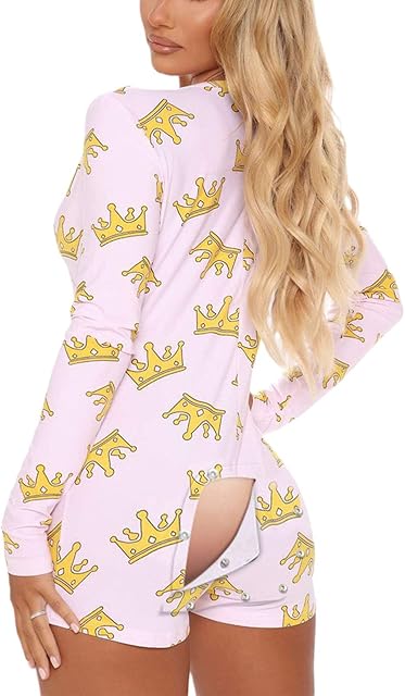 Women's Deep V-Neck Short Butt Flap Pajamas Onesie Sexy Back Door Onesies Long Sleeve Bodysuit Bodycon Rompers