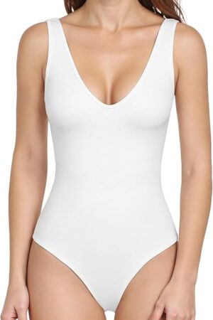 Women's Sleeveless V Neck Bodysuits Sexy Body Suits Tank Top for Women Backless Basic Shapewear Going Out