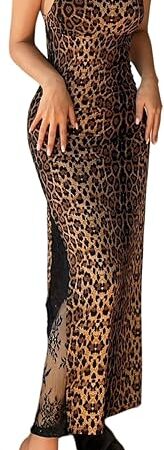 Women's Sexy Backless Lace Patchwork Leopard Print Long Nightgown Slip Dress Chemise
