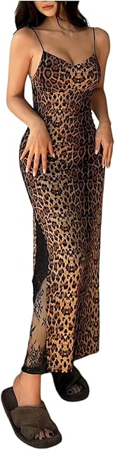 Women's Sexy Backless Lace Patchwork Leopard Print Long Nightgown Slip Dress Chemise