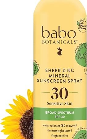 Babo Botanicals Sheer Zinc Continuous Sunscreen Spray SPF30 - Natural Zinc Oxide - Extra Sensitive Skin - Water Resistant - Vegan - Fragrance-Free - Air-Powered Spray - For all ages