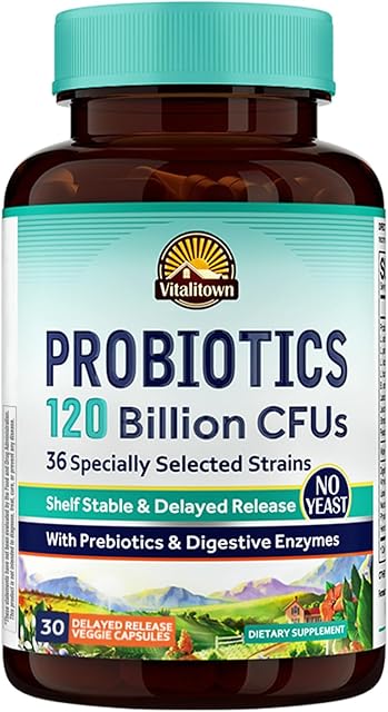 VITALITOWN Probiotics 120 Billion CFUs | 36 Strains, with Prebiotics & Digestive Enzymes for Men Women | Shelf Stable | Digestive Health & Immune Support | Vegan, Non-GMO | 30 Delayed Release Veg Caps