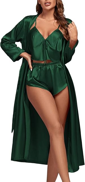Women's 3Pcs Pajamas Satin Cami Top and Shorts with Robe Sleepwear Set