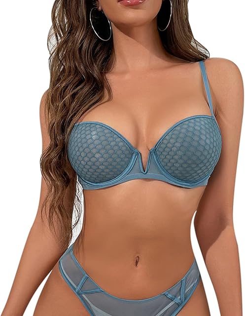 Women's 2 Piece Sexy Underwire See Through Lingerie Set Mesh Bra and Panty Set