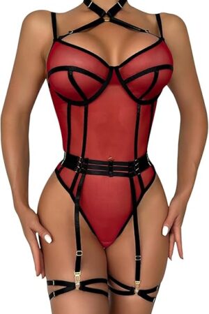 Women Punk Cut Out Harness Strappy Body Caged Lingerie Garter Belt Teddy Babydoll Bodysuit All Adjustable Lingerie Sets