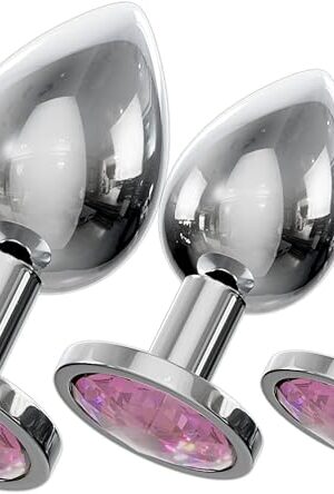 Jewelled Butt Plugs by bed geek Stainless Smooth Metal Anal Plug Adult Sex Toys Velvet Bags 3 Size Pack (Round Light Pink)