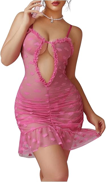 Women's Heart Print Cut Out Babydoll Lingerie Dress Mesh Sheer Sexy Nightgowns