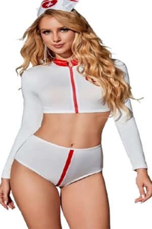 Women's Sexy Nurse Costume with Crop Top, High-Waisted Shorts & Hat  White & Red Cosplay Lingerie for Halloween, Roleplay, Parties, Boudoir, and Fantasy Dress-Up Erotic Lingerie Set(38-40" Bust)