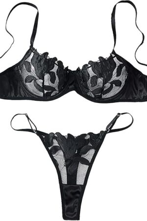 Women's Floral Embroidered Sheer Mesh Satin Underwire Lingerie Set 2 Piece - Elegant Lace Bra and Panty Set