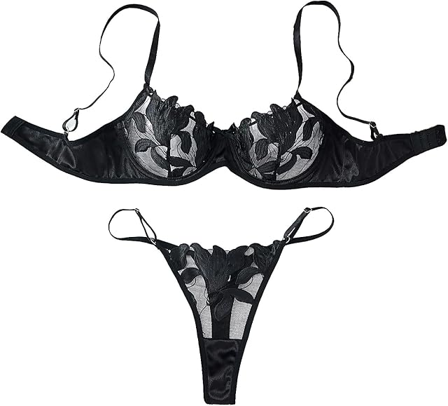 Women's Floral Embroidered Sheer Mesh Satin Underwire Lingerie Set 2 Piece - Elegant Lace Bra and Panty Set