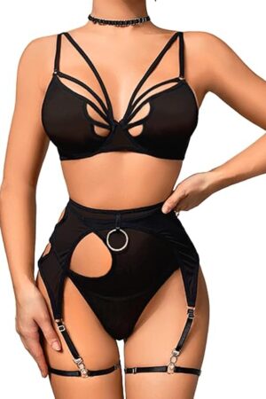 Butterfly Cutout Lingerie, Choker, Underwire, Thong, Thigh Straps, 5Pcs