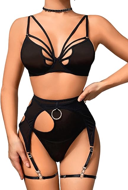 Butterfly Cutout Lingerie, Choker, Underwire, Thong, Thigh Straps, 5Pcs