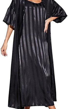 Women's Nightgown Robe Set 2 Piece Striped Satin Long Nighties Bathrobe Soft Summer Sleepewar Silky Chemise Lingeries