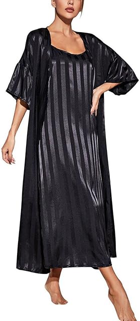 Women's Nightgown Robe Set 2 Piece Striped Satin Long Nighties Bathrobe Soft Summer Sleepewar Silky Chemise Lingeries