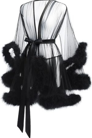 Women's Tulle Feather Robe Long Bridal Robes Sexy Tulle Lingerie Maternity Bathrobe Photoshoot Illusion Wedding Scarf Party Nightgown Sexy Sheer Mesh Fur Bridal Illusions Boudoir Christmas Lingerie