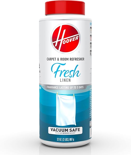 Hoover Carpet and Room Refresher, 32 oz, Carpet Powder, Odor Remover, Fresh Linen Scent, Vacuum Cleaner Safe, For Use on Carpets, Rugs, Couches and More, For Home Use