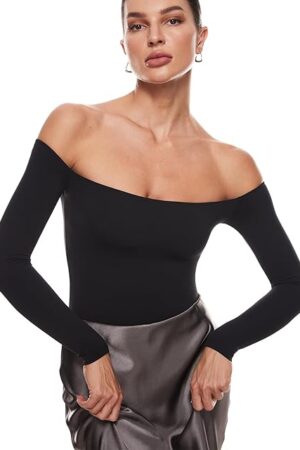 Women's Natrelax Off The Shoulder Bodysuit Long Sleeve Thong Sexy Bodycon Slim Fit Tops Leotard