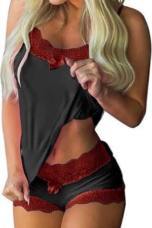 2pc Silk Lingerie Pajamas for Women Sexy Lace Trim Sleeveless Babydoll Sleepwear Satin Splicing Sluttly Nightgown
