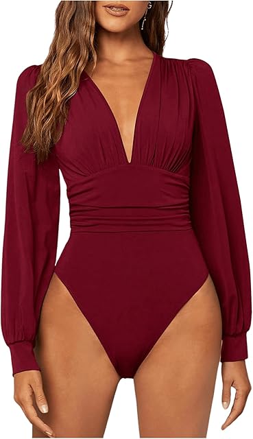 Women's Sexy Ruched Deep V Neck Long Sleeve Bodysuit Plunging Neckline Leotard Shirts
