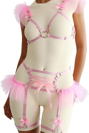 Bondage Lingerie Women Sexy Body Harness Elastic Cupless Cage Bra Hollow Out Strappy Set with Strap Garter Belt