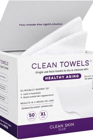 Clean Skin Club Clean Towels XL Healthy Aging?, Smooths Fine Lines Wrinkles & Texture In 6 Weeks, Treated for Extra Softness, Disposable Face Towels, Anti Aging Makeup Remover Dry Wipe (50 Ct, 1 Pack)