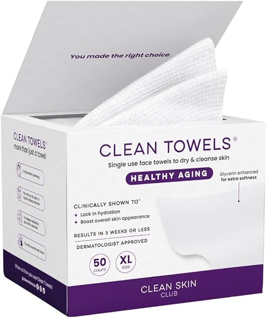 Clean Skin Club Clean Towels XL Healthy Aging?, Smooths Fine Lines Wrinkles & Texture In 6 Weeks, Treated for Extra Softness, Disposable Face Towels, Anti Aging Makeup Remover Dry Wipe (50 Ct, 1 Pack)