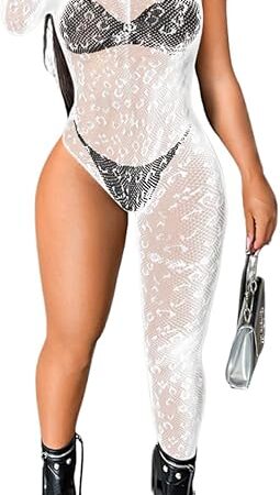 Womens One Shoulder Fishnet Bodysuit, Sexy Leopard Lace Jumpsuit Rave Club, Body Stockings Exotic Wear Dancer Outfits