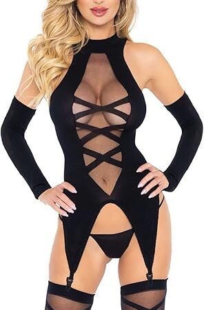 Women's Cami Garter and Stockings with Fingerless Gloves Lingerie Set