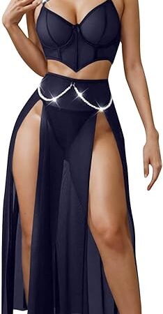 Women's Sexy Lingerie Sets 3 Piece Mesh Crop Corset Top High Split Maxi Skirt Boudoir Outfits with Thongs