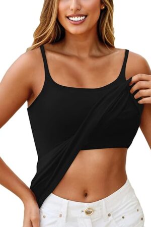 Built in Bra Tank Tops for Women 2024 Trendy Adjustable Spaghetti Padded Bra Camisole Basic Undershirts Yoga Tops