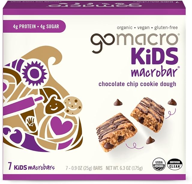 GoMacro Kids MacroBar Organic Vegan Snack Bars - Chocolate Chip Cookie Dough (090 Ounce Bars, 7 Count)