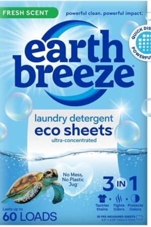 Earth Breeze Laundry Detergent Sheets Fresh Scent - 60 Loads Eco Liquidless Soap - Travel-Friendly for Hot & Cold Cycles, Tackles Tough Stains & Odors - Gentle on Skin, 30 Ct