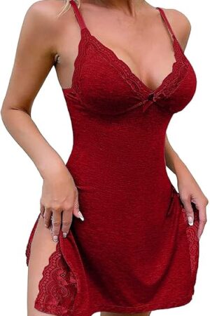 Women Nightgown Sexy Sleepwear Split Side Lace Chemise Spaghetti Strap V-Neck Modal Babydoll Lingerie Lounge Dress