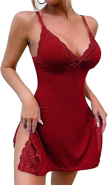 Women Nightgown Sexy Sleepwear Split Side Lace Chemise Spaghetti Strap V-Neck Modal Babydoll Lingerie Lounge Dress