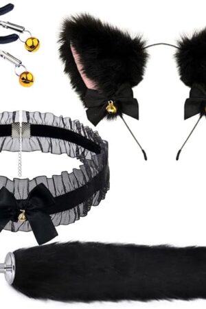 Costume Accessory Set Adults Plush Cat Ears Headband Choker Nipple Clips Anal Butt Plug Fur Tail Adult Toy Women Adult Sex Play for Sex Pleasure 4 Pcs