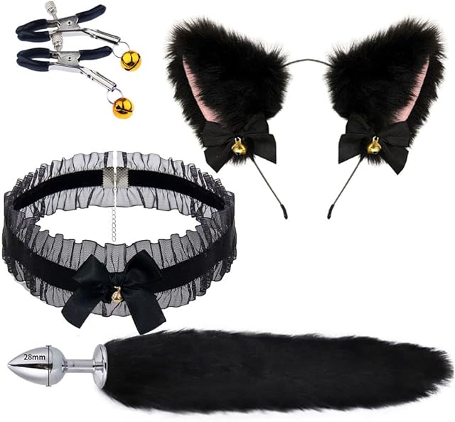 Costume Accessory Set Adults Plush Cat Ears Headband Choker Nipple Clips Anal Butt Plug Fur Tail Adult Toy Women Adult Sex Play for Sex Pleasure 4 Pcs