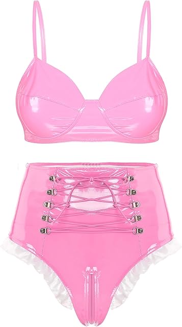 Women's Lingerie PVC Metallic Raves Outfits Shiny Bra Crop Tops Mini Thong G-String Swimsuit