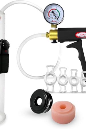 LeLuv Vibrating Penis Pump Maxi Black Handle Installed Gauge - Bundle with Clear Hose, Donut, Vacuum Seal and 4 Sizes of Rings - 12 inch x 2 inch Cylinder