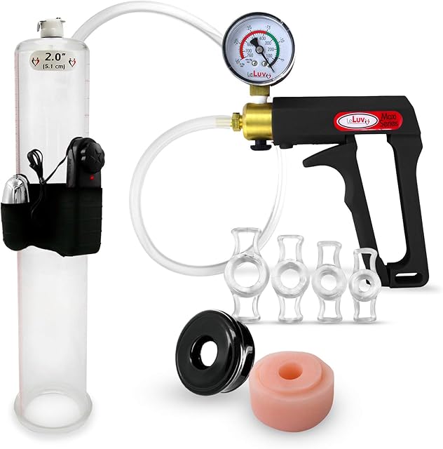 LeLuv Vibrating Penis Pump Maxi Black Handle Installed Gauge - Bundle with Clear Hose, Donut, Vacuum Seal and 4 Sizes of Rings - 12 inch x 2 inch Cylinder